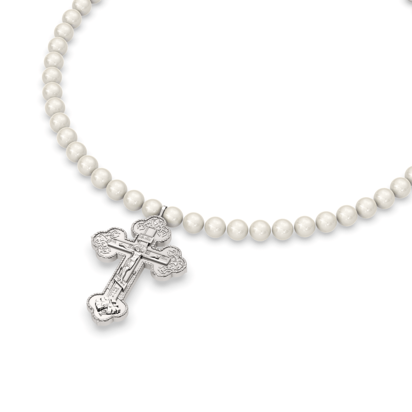 Cross pendant jewellery with stainless steel and synthetic pearl beads necklace, genderless accessory showcasing elegance and faith