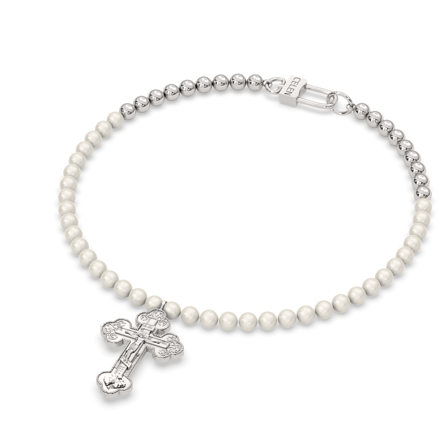 Mercy Necklace with stainless steel cross pendant and synthetic pearl beads, genderless jewellery.