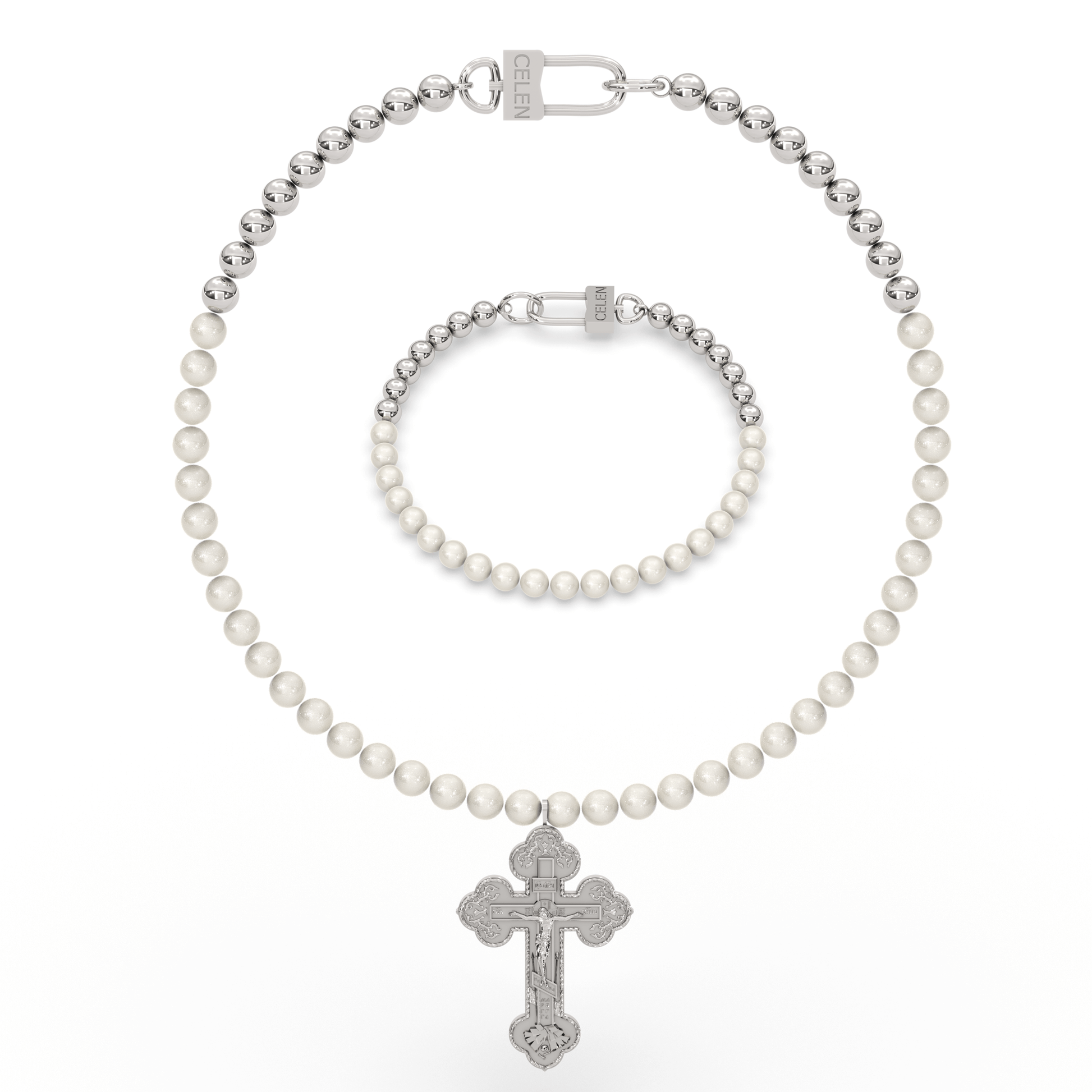 Cross pendant Mercy necklace with the subtle white pearl and bead bracelet set