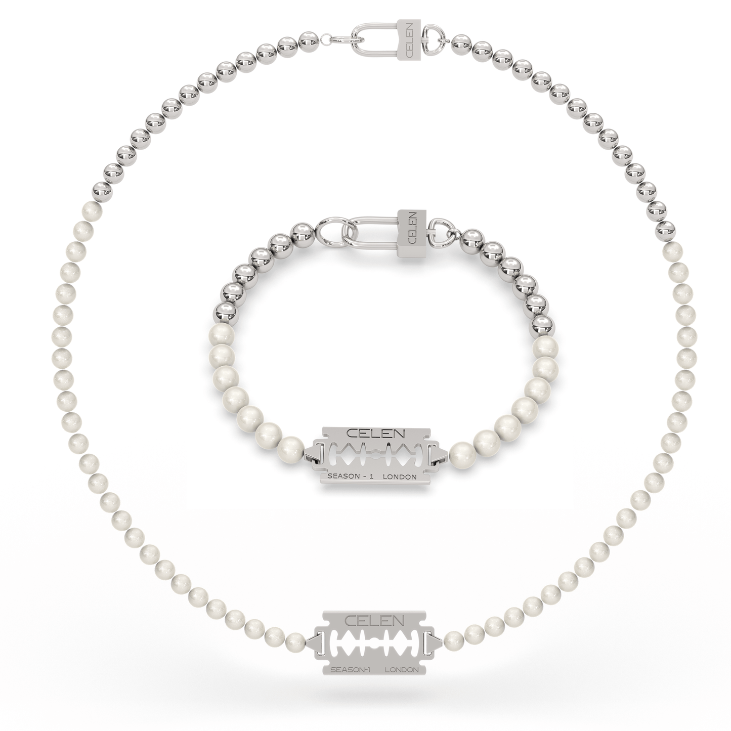 Razor blade pendant necklace and bracelet set adorned with synthetic pearls and stainless steel beads.